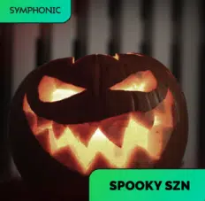 A carved pumpkin with a menacing face glows from within. Green banners display the words "SYMPHONIC" and "SPOOKY SZN," setting the scene for the ultimate Spooky szn playlist.